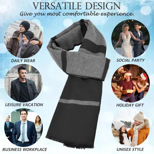 Miniatura 6 de EINSKEY Bufanda de invierno para hombre, paquete de 2 bufandas de mezcla de lana con borlas de contraste a rayas suaves y largas bufandas de moda