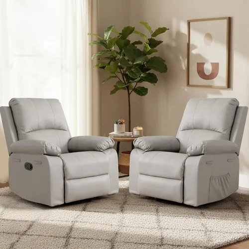 Miniatura 11 de Silla reclinable giratoria de cuero de 360° para adultos, sillón reclinable manual con cojín de resorte, sofá individual con bolsillos laterales