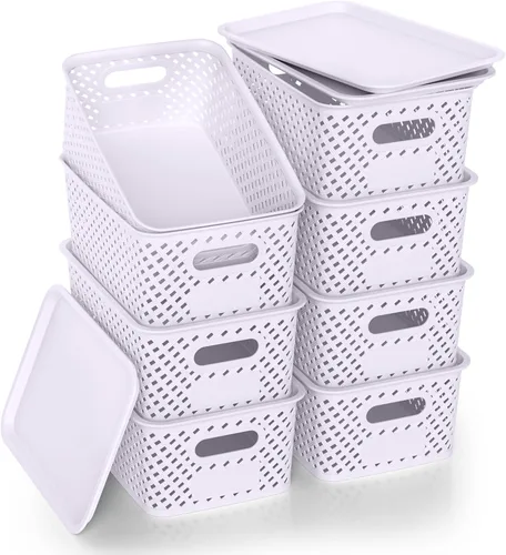 Miniatura 10 de Contenedores de almacenamiento de plástico con tapa, cesta pequeña apilable para organización y contenedores para estantes, cajones, escritorio