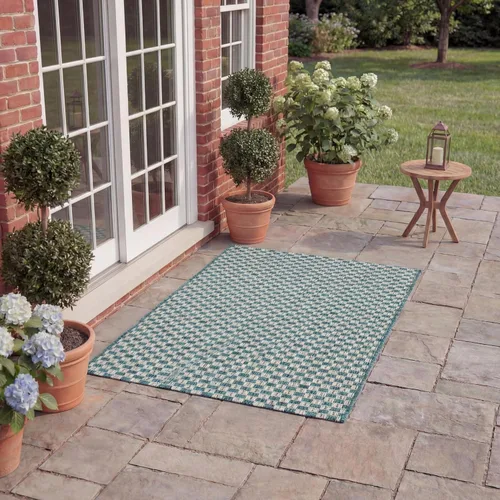 Miniatura 24 de SAFAVIEH Alfombra lavable al aire libre Courtyard Collection - 6'7" x 9'6", azul claro y gris claro, no desprende pelusa y fácil limpieza, ideal