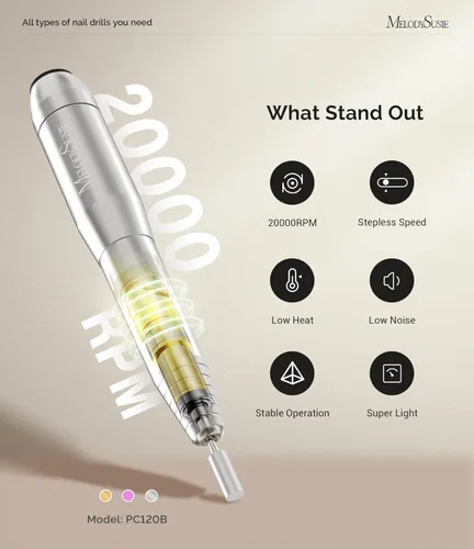 Miniatura 4 de MelodySusie Taladro de uñas portátil en forma de bolígrafo con adaptador de CA, lima eléctrica PC120B 20000RPM con diseño compacto para todo