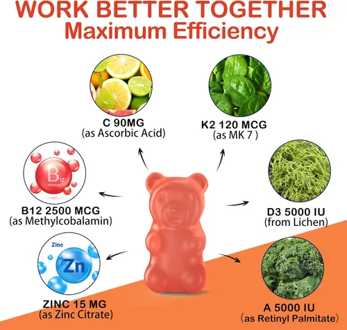 Miniatura 8 de Gomitas ADK+Vitamina B12 sin Azúcar - Vitamina D3 K2 10,000UI/ 5000UI, B12 5000 mcg 2500 mcg, K2 (MK-7) 240 mcg, Multivitamínico para Adultos