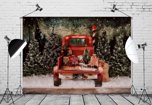 Miniatura 3 de BELECO Telón de fondo rojo de Navidad de 5 x 3 pies para fotografía de invierno, bosque nevado, vintage, auto, camión, regalos de Navidad, fondo