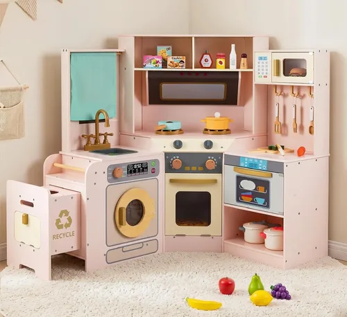 INFANS Juego de cocina esquinera para niños, juego de cocina de madera con campana extractora, contenedor de basura, gabinete de almacenamiento de