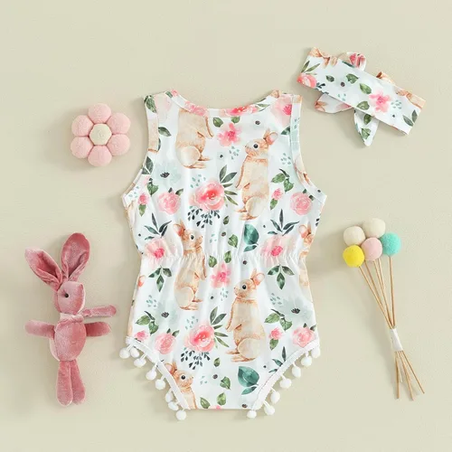 Miniatura 3 de AEEMCEM Traje de Pascua para bebé recién nacida, con estampado floral, sin mangas, con borla, mameluco de una pieza con diadema