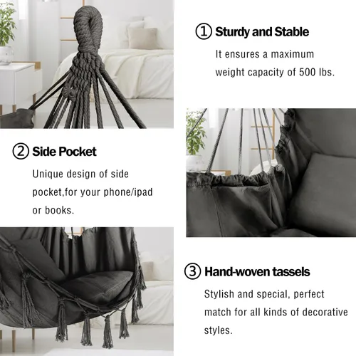 Miniatura 3 de Halalona Silla hamaca colgante de cuerda con 2 cojines y kits de herramientas, resistente y duradero, suave algodón tejido a mano, silla colgante