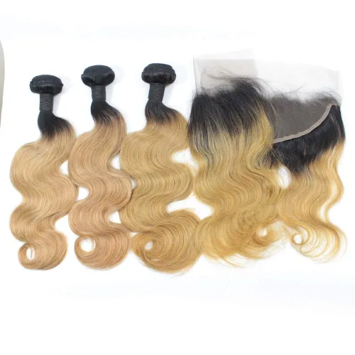 Miniatura 6 de 1B/27 rubio ombre brasileño virgen paquetes con cierres 4pcs lote cuerpo onda 12 con 10 pulgadas ombre encaje cierre con teje pelo