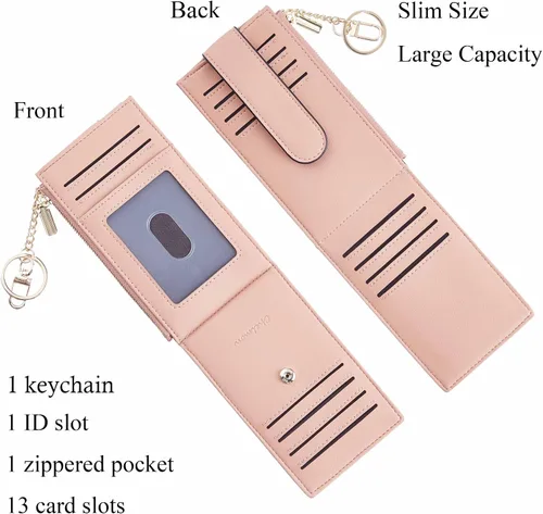 Miniatura 3 de Chelmon Billetera delgada para mujer, con bloqueo RFID, plegable, con bolsillo con cremallera, Rosa con llavero, Minimalista