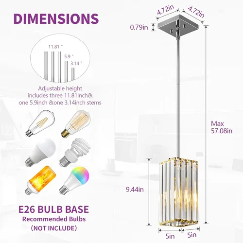 Miniatura 5 de Lámpara colgante moderna cromada rectangular de iluminación colgante mini candelabros de cristal, lámpara colgante ajustable para cocina, isla