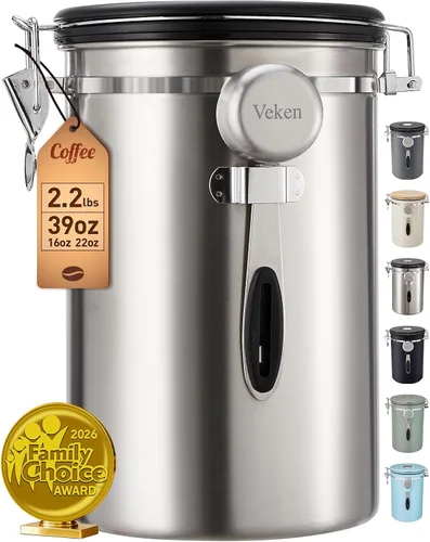 Miniatura 10 de Veken - Recipiente hermético para café de acero inoxidable, contenedor de almacenamiento de alimentos para la cocina con registro de fecha y cuchara