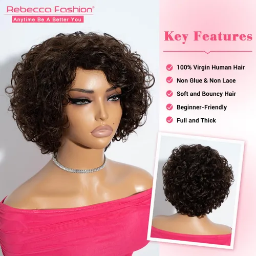 Miniatura 3 de Rebecca Fashion Pelucas de cabello humano rizado corto para mujeres negras, parte lateral, linda peluca rizada estilo Bob, brasileña Remy, sin