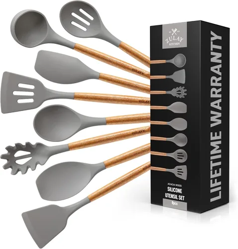 Miniatura 13 de Zulay Kitchen Juego de utensilios de cocina antiadherentes con auténticas asas de madera de acacia, juego de utensilios de cocina de silicona Sky