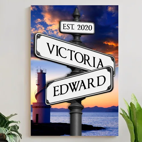 Miniatura 9 de Mapileng Lienzo personalizado de Crossroads Street Sign para parejas, nombres personalizados y fecha, arte de pared vintage, regalo del día de San
