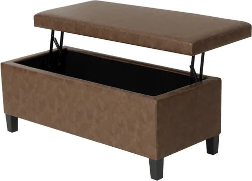Miniatura 9 de Adeco Otomana de almacenamiento, banco tapizado rectangular de piel sintética con patas de madera, reposapiés, mesa de café para sala de estar, Negro