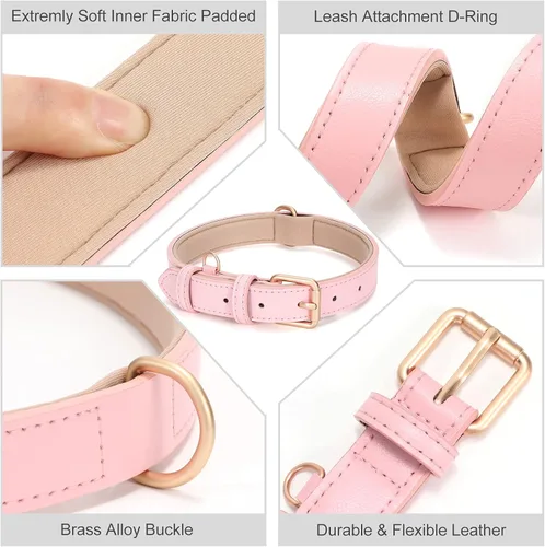 Miniatura 5 de Airtag - Collar de cuero para perro pequeño, mediano y grande, ajustable, suave, acolchado, collar de cachorro, collar de hebilla de metal Rosa