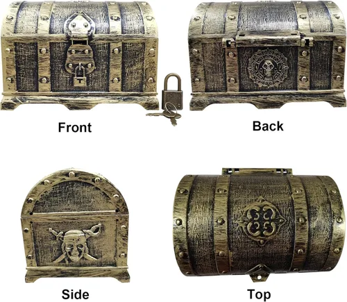 Miniatura 4 de Cofre del tesoro pirata para niños, cofre con revestimiento de bronce vintage con cerradura y llave para juegos de caza, premios de caja pequeña
