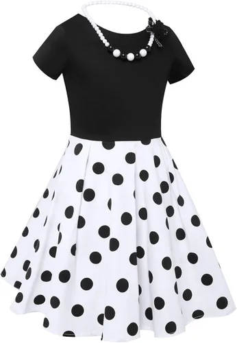 Miniatura 5 de Tao-Ge Vestido vintage de lunares para niñas, vestidos de fiesta retro de los años 50, vestido de fiesta con vuelo, talla 6-12 con collar