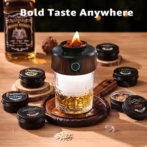 Miniatura 3 de Kit de ahumador de whisky eléctrico con antorcha, caja de madera premium, 4 astillas de madera, moldes para hielo, recetas, kit de ahumador