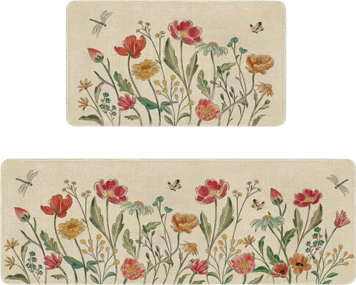 Miniatura 8 de Juego de 2 tapetes y tapetes de cocina con diseño floral de primavera, diseño floral de acuarela para piso, decoración de fregadero de cocina
