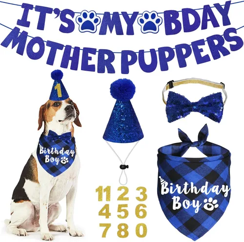 Miniatura 9 de Suministros para fiesta de cumpleaños para perros, sombrero de cumpleaños para perro de varios tamaños con números, bandana, pajarita, cartel