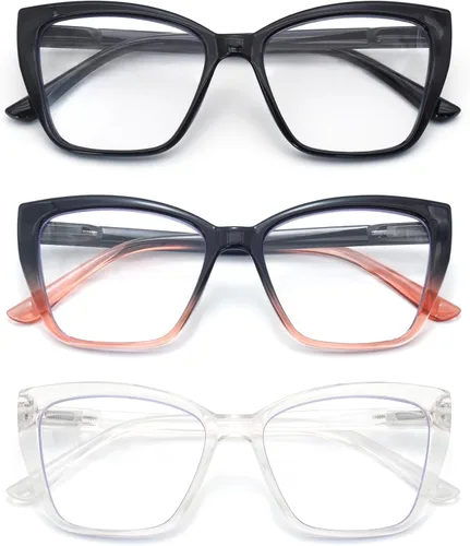 HIGHLIKE 3-Pack Reading Glasses for Women Stylish Cat-Eye Spring Hinge Clear Lenses Readers Anti Eyestrain