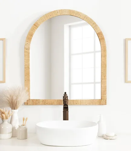 Miniatura 3 de Kate and Laurel Rahfy - Espejo de pared de ratán con arco bohemio, 28 x 32, madera natural, espejo decorativo de madera con marco de ratán auténtico