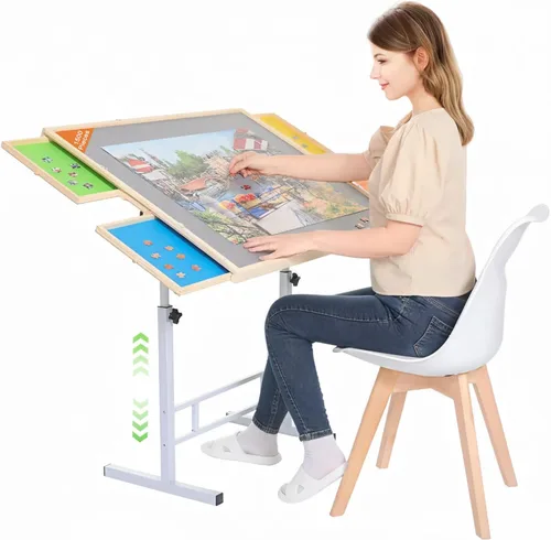 Miniatura 7 de Mesa de rompecabezas de 1500 piezas de madera con patas de altura ajustable y inclinable en ángulo, mesa de rompecabezas plegable para adultos