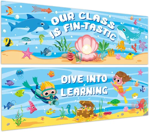Yeaqee 2 carteles con temática oceánica de 1 x 3 pies, telón de fondo de fotografía para aula, decoración de tablón de anuncios de bienvenida, telón