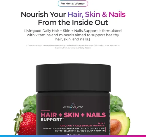 Miniatura 2 de Livingood Daily Suplemento para cabello, piel y uñas, fórmula 14 en 1 con biotina, colágeno, queratina, bambú, selenio, folato, B12, zinc y más