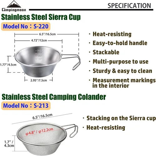 Miniatura 2 de CAMPINGMOON 1pc Acero Inoxidable Camping Sierra Copa 10.5 fl oz con 1pc Colador S-220/S-213