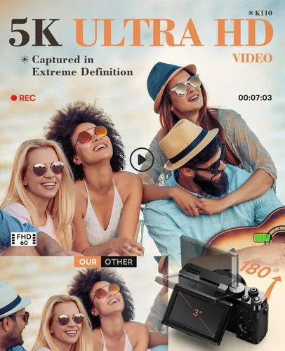 Miniatura 2 de Cámaras digitales True 5K de 64 megapíxeles para fotografía - Enfoque automático, zoom 18X, con pantalla giratoria de 3'' 180°, tarjeta TF de 64 GB