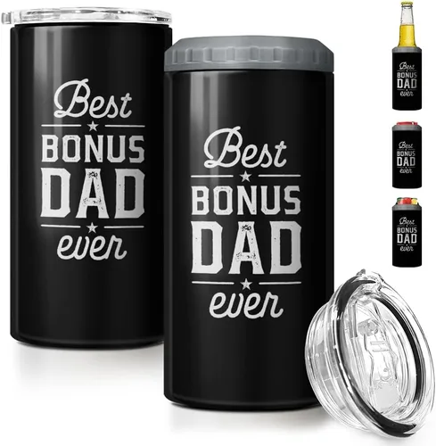 SANDJEST Regalos para Papá Bonito de Bonus - Vaso de 12oz de la Hijastra, el Hijo - Diseño 4 en 1 Vaso de Papá Paso Aislante Enfriador de Latas -