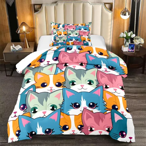 Miniatura 25 de Juego de ropa de cama de tamaño individual, edredón de gatos de dibujos animados para niñas, niños y adolescentes, juego de edredón azul
