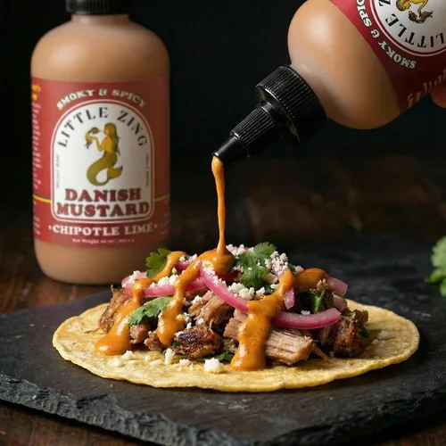 Miniatura 3 de Little Zing Mostaza Chipotle Lime – Salsa picante ahumada de mostaza y pimienta chipotle con lima, mostaza gourmet lista para llovizna para tacos