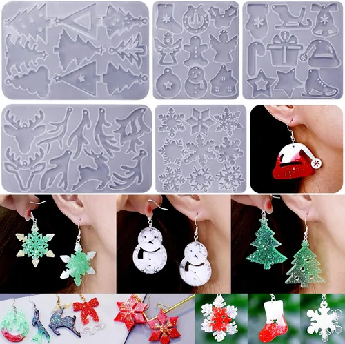 Paquete de 5 moldes de resina para aretes, moldes de joyería de resina, moldes de silicona para colgantes de Navidad, varias formas, árbol de 5