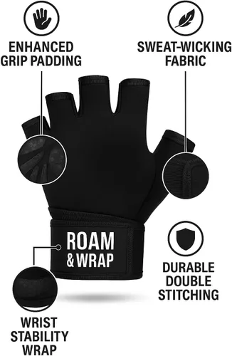 Miniatura 2 de Roam & Wrap Guantes de levantamiento de pesas con muñequeras – Guantes de gimnasio extra acolchados y ventilados para hombres y mujeres – Ideal