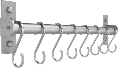Dseap Soporte Colgante para Utensilios de Cocina, Estante para Ollas y Sartenes Montado en Pared, Riel de Cocina con 8 Ganchos para Colgar Plateado