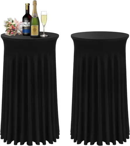 BDDC Fundas para mesa de cóctel, paquete de 2 manteles de 24 x 43 pulgadas, color negro, con falda redonda ondulada natural para bar, boda, fiesta,