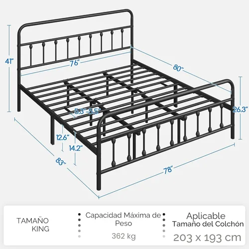 Miniatura 2 de YAHETECH - Marco de cama clásico de metal con estructura de hierro y estilo victoriano, cabecero y pie, espacio debajo de la cama, no necesita base