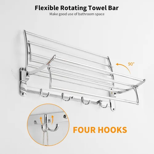 Miniatura 5 de BESy Barras de Toallas de 24 Pulgadas de Cromo Pulido, Estante de Toallas de Baño con Barra de Toallas Plegable y Ganchos para Toallas, Accesorios