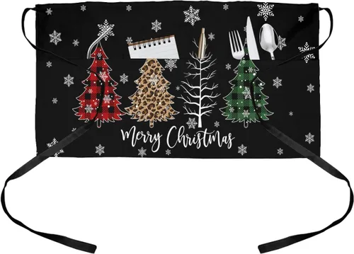 PIEPLE Delantal de camarera de árbol de Navidad con 3 bolsillos, delantales de media cintura para camarero, delantales de chef para mujeres y