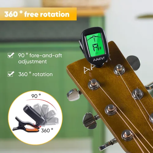 Miniatura 5 de AARVI Afinador de guitarra con clip para todos los instrumentos, guitarra acústica/eléctrica, ukelele, bajo, violín, banjo, pantalla LCD grande