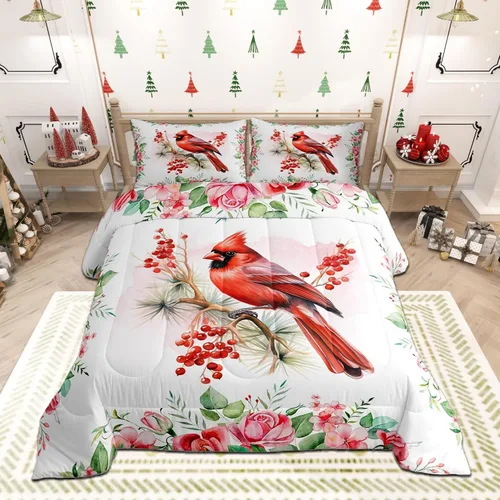 Miniatura 38 de Juego de edredón de Feliz Navidad, tamaño individual, juego de ropa de cama de flores rojas de Navidad, bayas y hojas, para niños y hombres, juego
