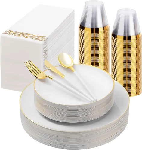 Miniatura 13 de 175 Piezas Juego de Vajilla de Plástico Verde Dorado, Platos Desechables Dorados para Fiesta, Incluye 50 Platos Verdes con 75 Cubiertos de Plástico
