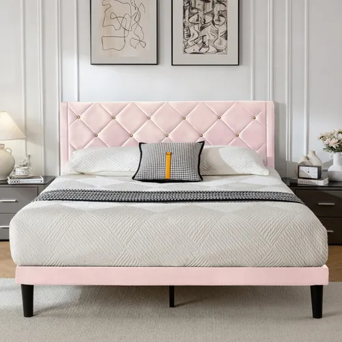 Miniatura 8 de Base de cama de plataforma de tamaño matrimonial con cabecera de terciopelo, soporte de listones de madera resistente, base de colchón, no requiere