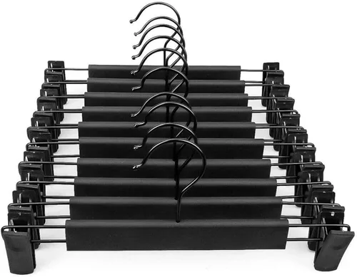 Perchas para pantalones, perchas para faldas, paquete de 20 perchas de plástico negro para pantalones con clips grandes antideslizantes y 360
