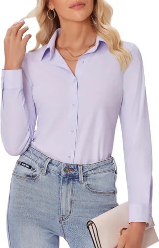 Miniatura 26 de siliteelon Camisas con botones para mujer, ajustadas, de manga larga, elásticas, de vestir, camisas de trabajo, sin arrugas, blusas de oficina