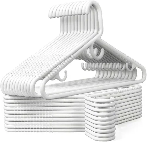 Amber Home Paquete de 36 perchas de plástico resistentes, perchas blancas antideslizantes con barra para pantalones, perchas de plástico grueso para