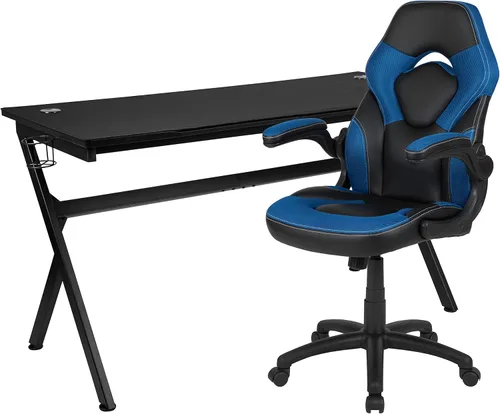 Miniatura 45 de Flash Furniture Juego de escritorio para juegos negro y silla de carreras blanco/negro con soporte para tazas, gancho para auriculares y soporte
