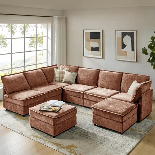 Miniatura 18 de HULALA HOME Sofá seccional modular, sofá grande en forma de U de 8 asientos con otomano de almacenamiento, sofá cómodo de chenilla con asiento